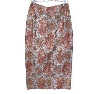 Vintage Charter Club Linen Wrap Pencil Skirt Size 10 Paisley Satin Lined Midi